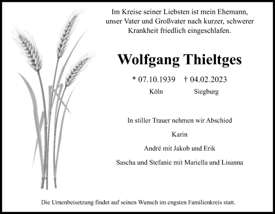 Anzeige von Wolfgang Thieltges von Kölner Stadt-Anzeiger / Kölnische Rundschau / Express