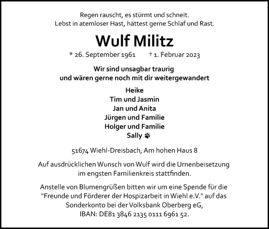 Anzeige von Wulf Militz von Kölner Stadt-Anzeiger / Kölnische Rundschau / Express