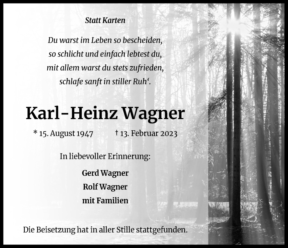  Traueranzeige für Karl-Heinz Wagner vom 11.03.2023 aus Zeitungsgruppe Köln 