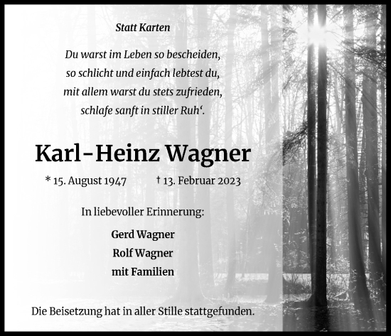 Anzeige von Karl-Heinz Wagner von Zeitungsgruppe Köln 