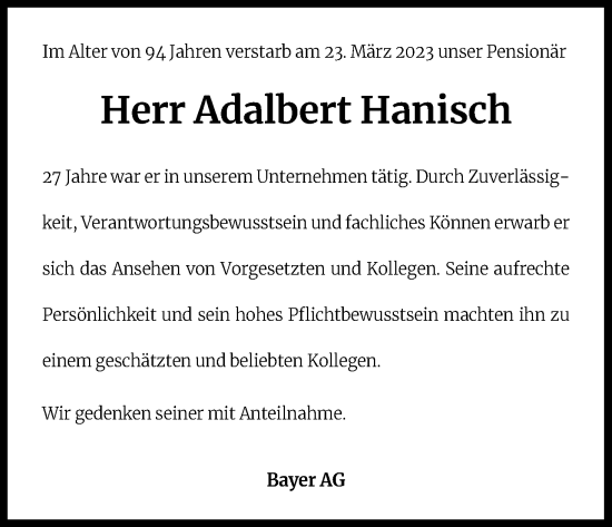 Anzeige von Adalbert Hanisch von Kölner Stadt-Anzeiger / Kölnische Rundschau / Express