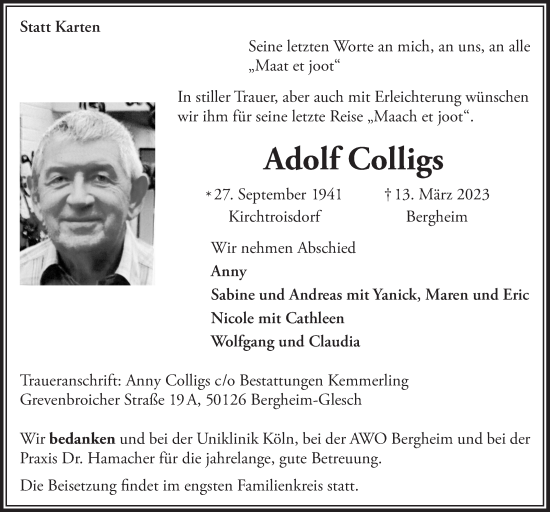Anzeige von Adolf Colligs von  Werbepost 