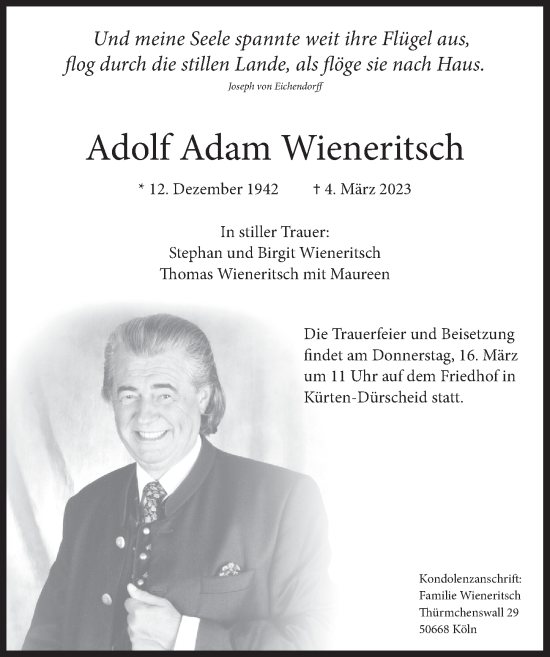 Anzeige von Adolf Adam Wieneritsch von  Bergisches Handelsblatt 