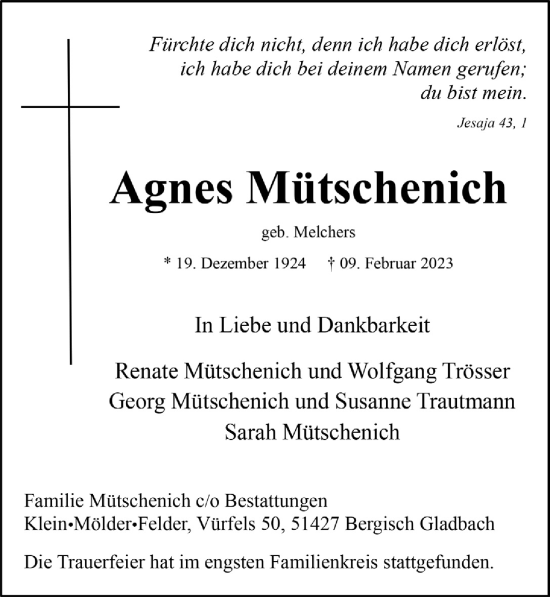 Anzeige von Agnes Mütschenich von  Bergisches Handelsblatt 