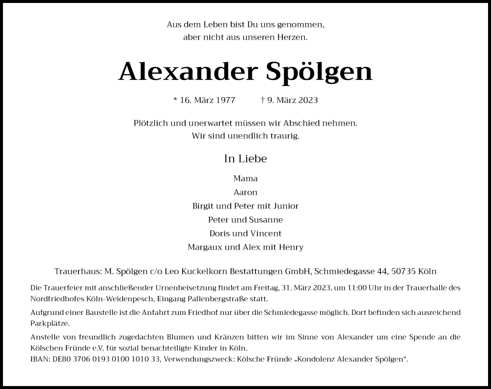  Traueranzeige für Alexander Spölgen vom 25.03.2023 aus Kölner Stadt-Anzeiger / Kölnische Rundschau / Express