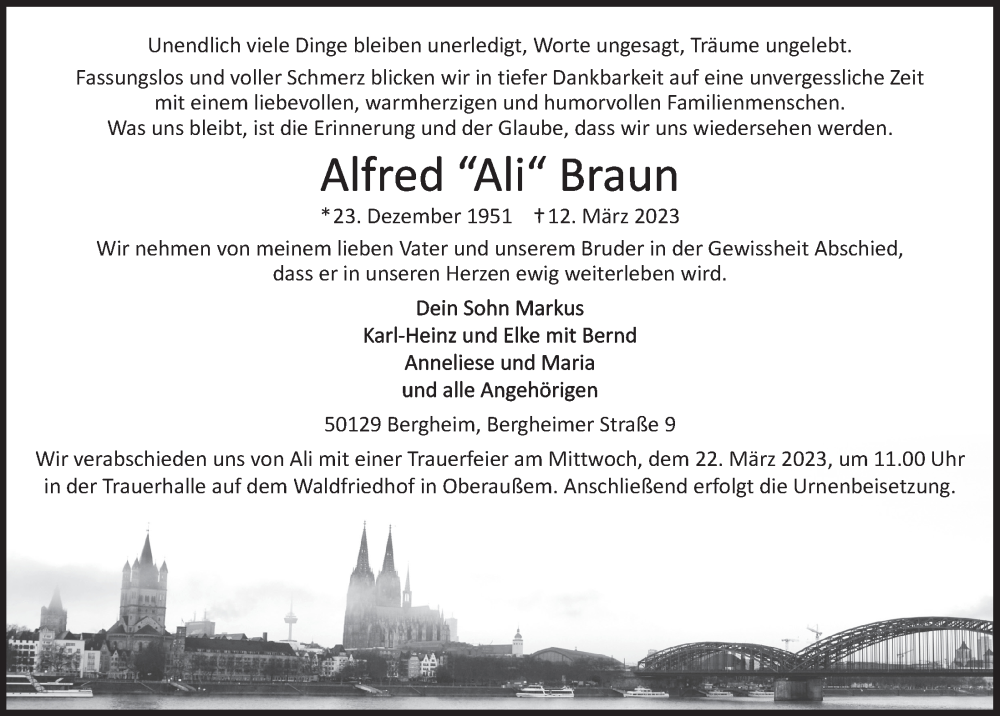  Traueranzeige für Alfred Braun vom 17.03.2023 aus  Werbepost 