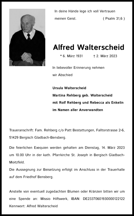 Anzeige von Alfred Walterscheid von Kölner Stadt-Anzeiger / Kölnische Rundschau / Express