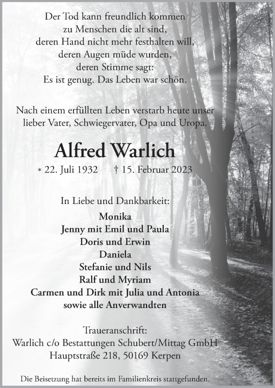 Anzeige von Alfred Warlich von  Werbepost 