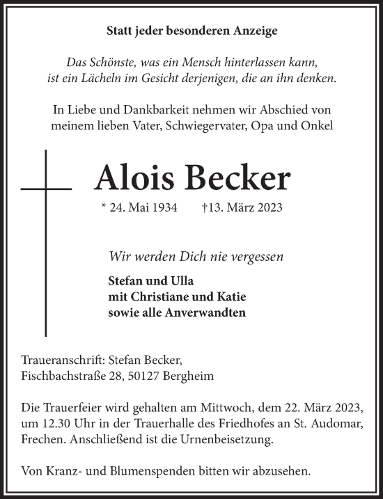 Anzeige von Alois Becker von  Wochenende 