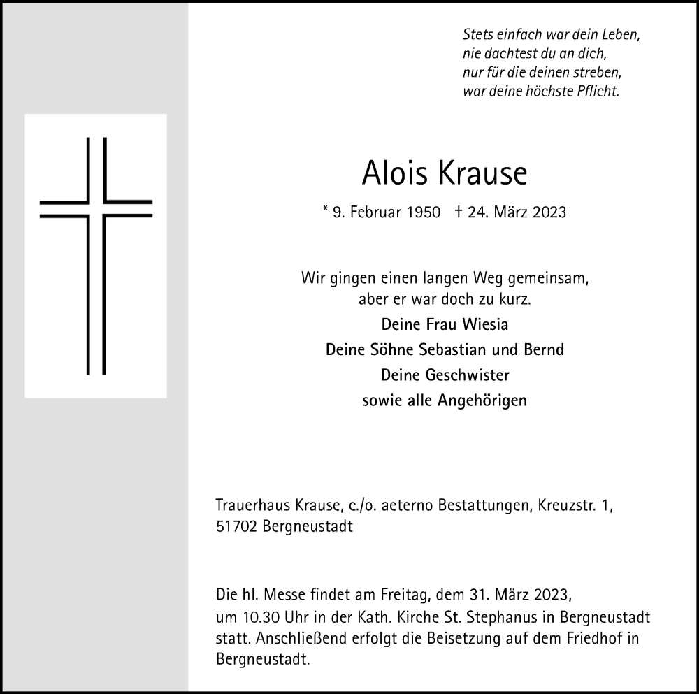  Traueranzeige für Alois Krause vom 28.03.2023 aus Kölner Stadt-Anzeiger / Kölnische Rundschau / Express