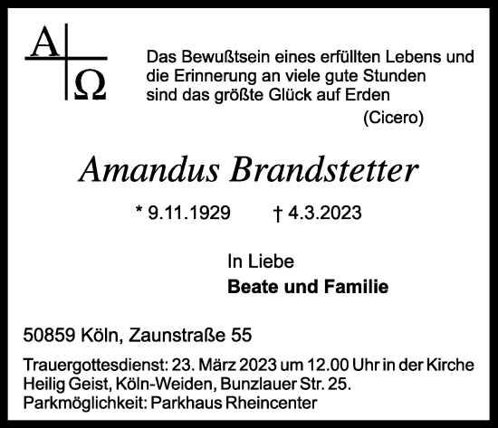 Anzeige von Amandus Brandstetter von Kölner Stadt-Anzeiger / Kölnische Rundschau / Express