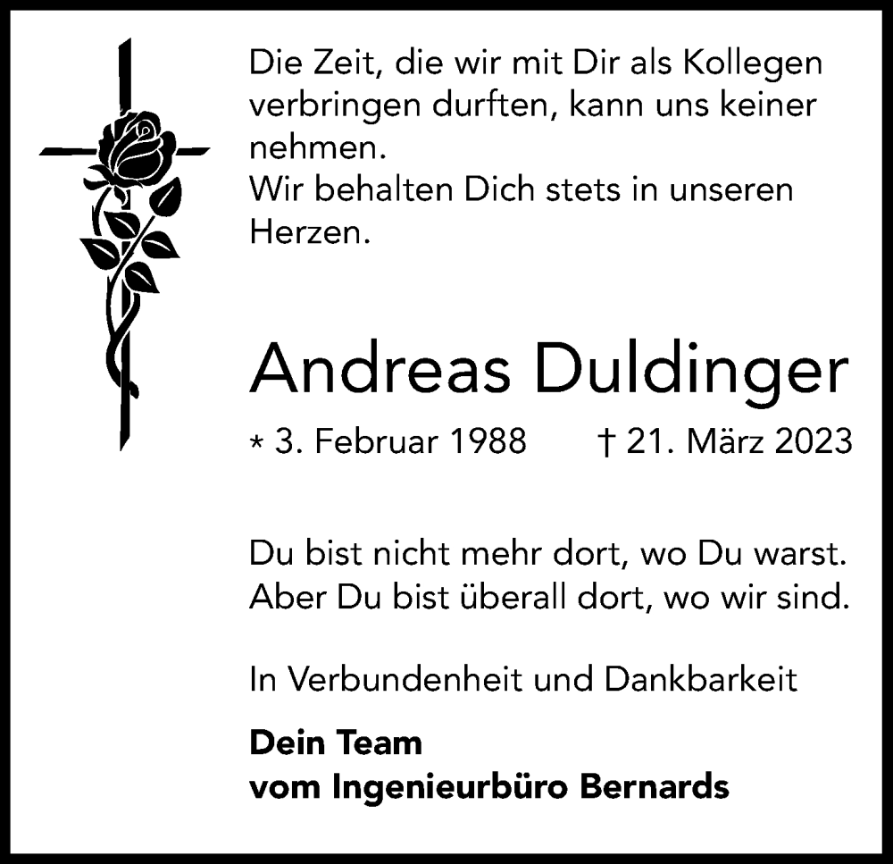  Traueranzeige für Andreas Duldinger vom 01.04.2023 aus Kölner Stadt-Anzeiger / Kölnische Rundschau / Express