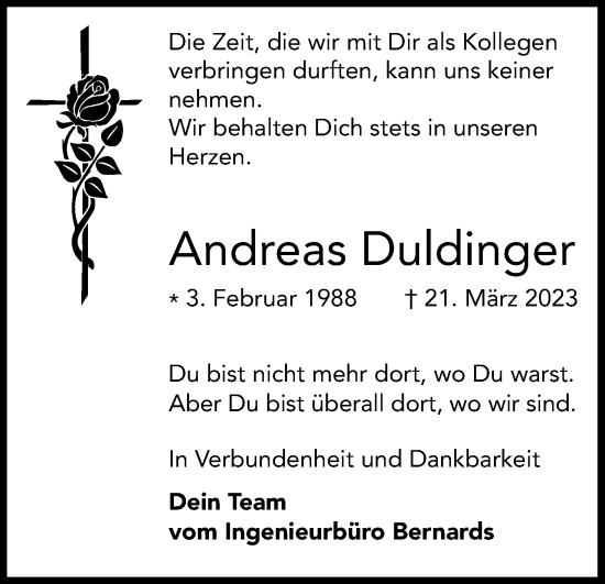 Anzeige von Andreas Duldinger von Kölner Stadt-Anzeiger / Kölnische Rundschau / Express