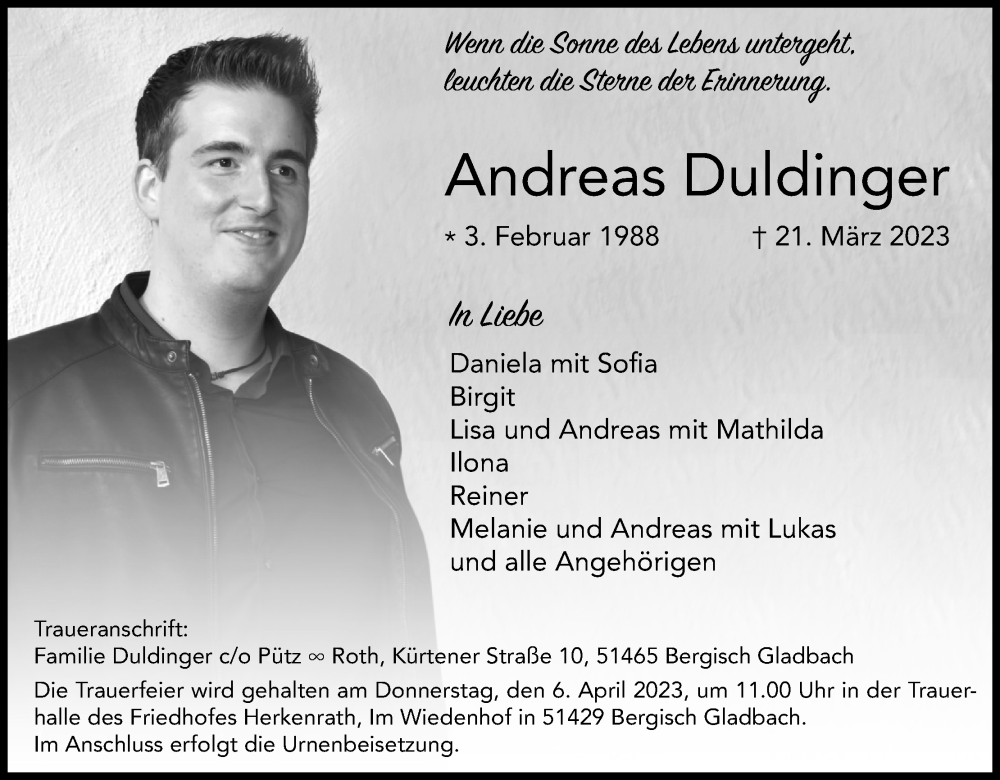  Traueranzeige für Andreas Duldinger vom 01.04.2023 aus Kölner Stadt-Anzeiger / Kölnische Rundschau / Express