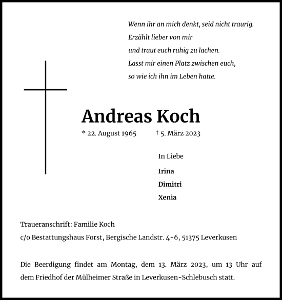 Anzeige von Andreas Koch von Kölner Stadt-Anzeiger / Kölnische Rundschau / Express