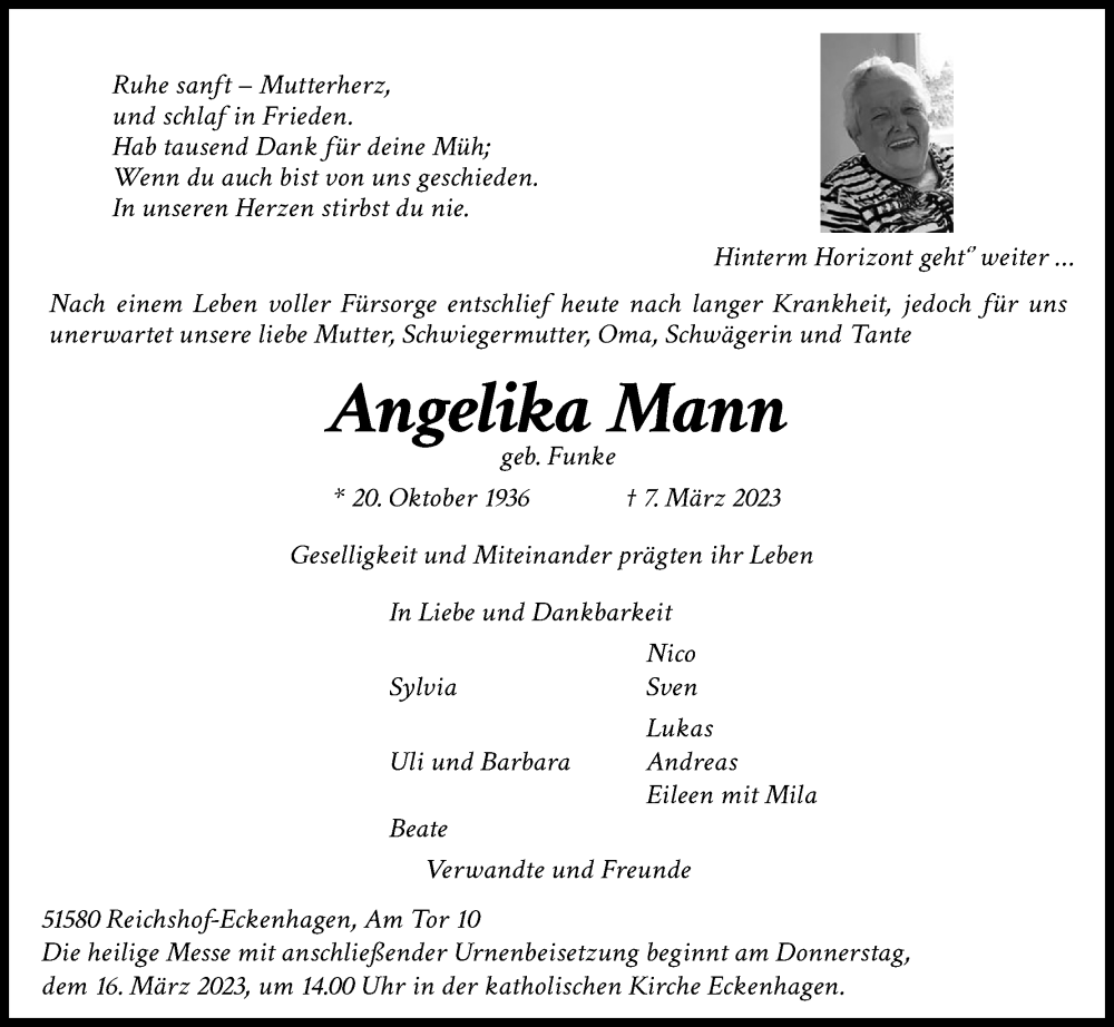  Traueranzeige für Angelika Mann vom 11.03.2023 aus Kölner Stadt-Anzeiger / Kölnische Rundschau / Express