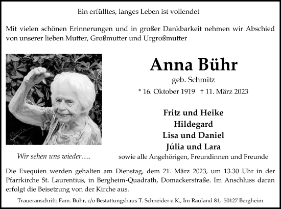 Anzeige von Anna Bühr von Kölner Stadt-Anzeiger / Kölnische Rundschau / Express