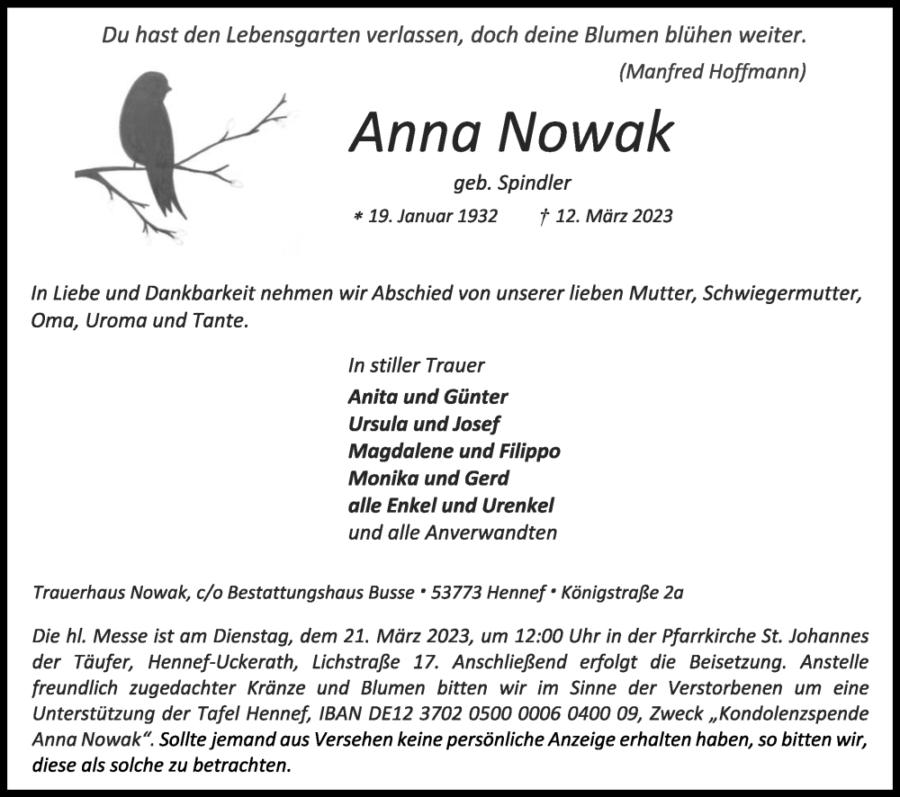  Traueranzeige für Anna Nowak vom 18.03.2023 aus Kölner Stadt-Anzeiger / Kölnische Rundschau / Express