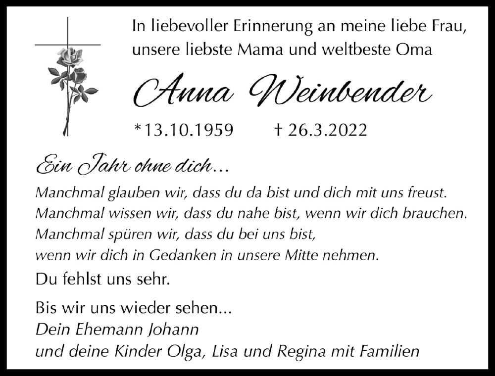  Traueranzeige für Anna Weinbender vom 24.03.2023 aus  Lokalanzeiger 