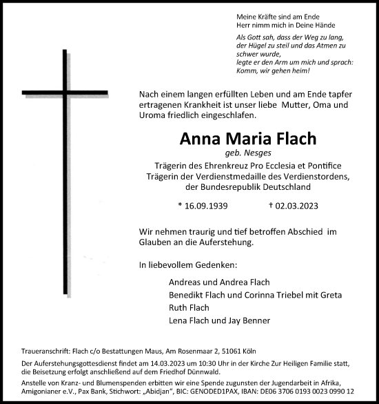 Anzeige von Anna Maria Flach von Kölner Stadt-Anzeiger / Kölnische Rundschau / Express