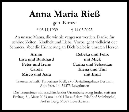 Anzeige von Anna Maria Rieß von  Lokale Informationen 