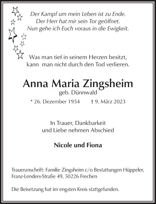 Anzeige von Anna Maria Zingsheim von  Wochenende 