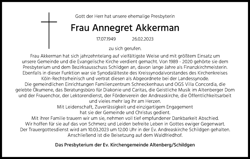  Traueranzeige für Annegret Akkerman vom 07.03.2023 aus Kölner Stadt-Anzeiger / Kölnische Rundschau / Express
