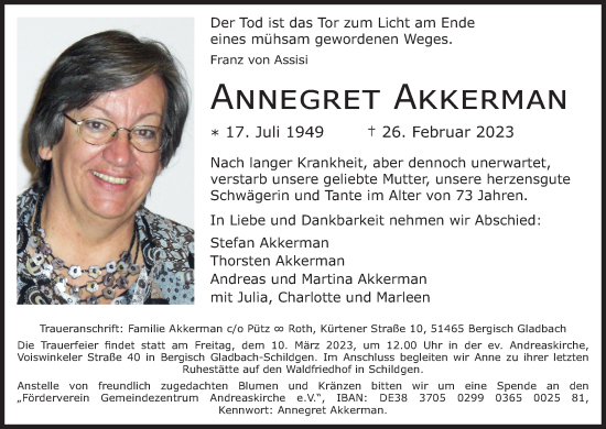 Anzeige von Annegret Akkerman von Kölner Stadt-Anzeiger / Kölnische Rundschau / Express