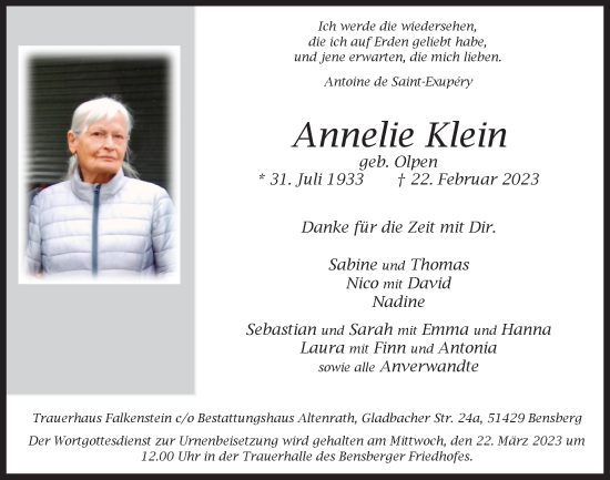 Anzeige von Annelie Klein von  Bergisches Handelsblatt 