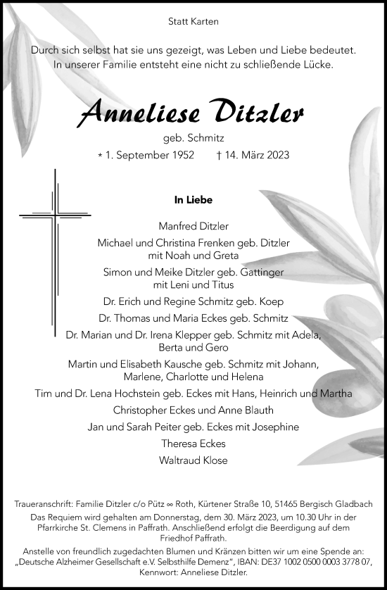Anzeige von Anneliese Ditzler von Kölner Stadt-Anzeiger / Kölnische Rundschau / Express