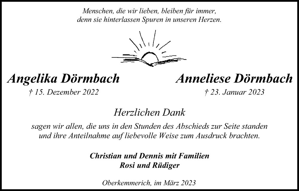  Traueranzeige für Anneliese Dörmbach vom 11.03.2023 aus Kölner Stadt-Anzeiger / Kölnische Rundschau / Express