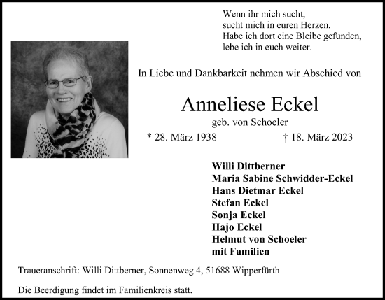 Anzeige von Anneliese Eckel von Kölner Stadt-Anzeiger / Kölnische Rundschau / Express