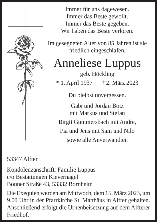 Anzeige von Anneliese Luppus von  Schaufenster/Blickpunkt 