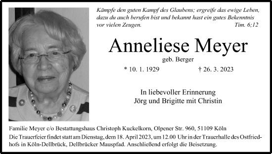Anzeige von Anneliese Meyer von Kölner Stadt-Anzeiger / Kölnische Rundschau / Express