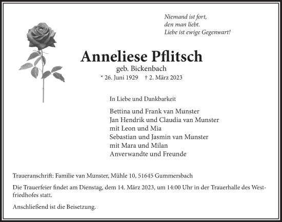 Anzeige von Anneliese Pflitsch von  Anzeigen Echo 