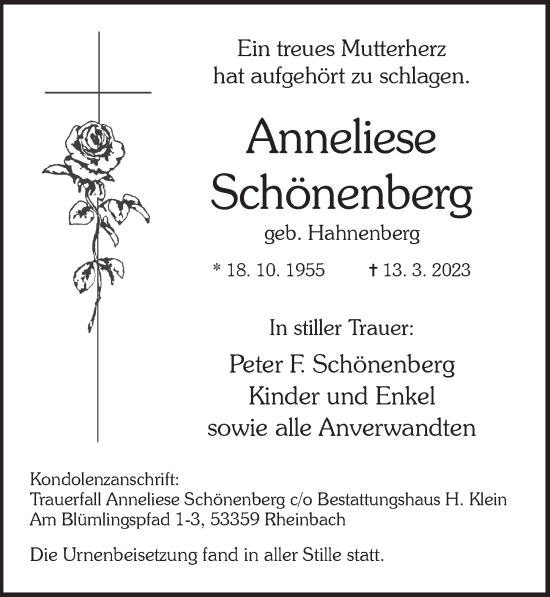 Anzeige von Anneliese Schönenberg von  Schaufenster/Blickpunkt 