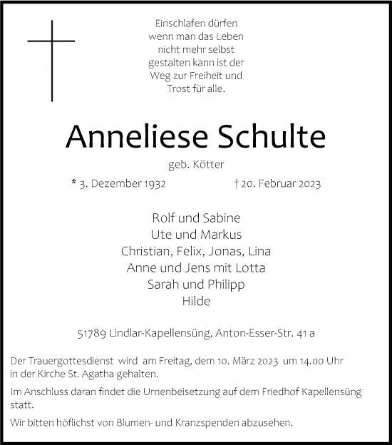 Anzeige von Anneliese Schulte von Kölner Stadt-Anzeiger / Kölnische Rundschau / Express