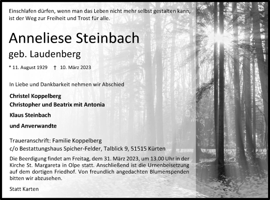 Anzeige von Anneliese Steinbach von Kölner Stadt-Anzeiger / Kölnische Rundschau / Express
