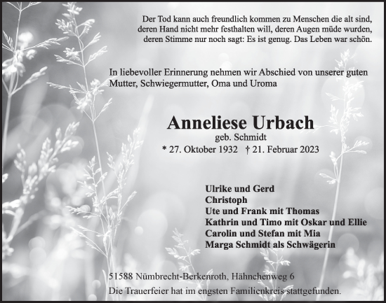 Anzeige von Anneliese Urbach von  Lokalanzeiger 