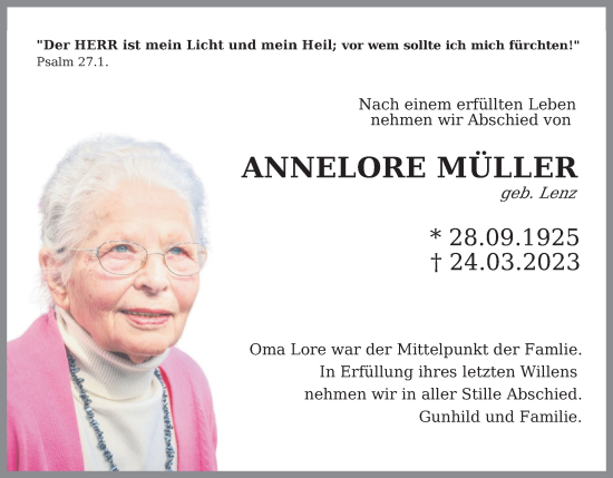 Anzeige von Annelore Müller von Kölner Stadt-Anzeiger / Kölnische Rundschau / Express