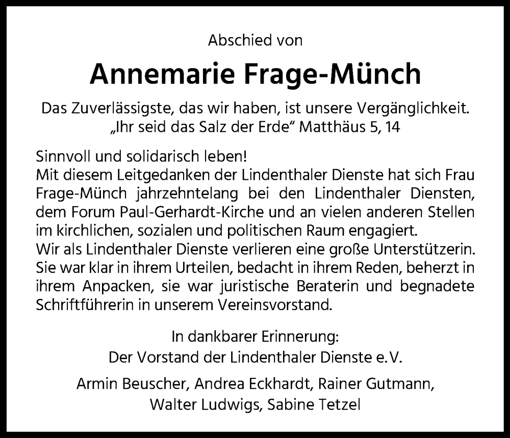  Traueranzeige für Annemarie Frage-Münch vom 11.03.2023 aus Kölner Stadt-Anzeiger / Kölnische Rundschau / Express