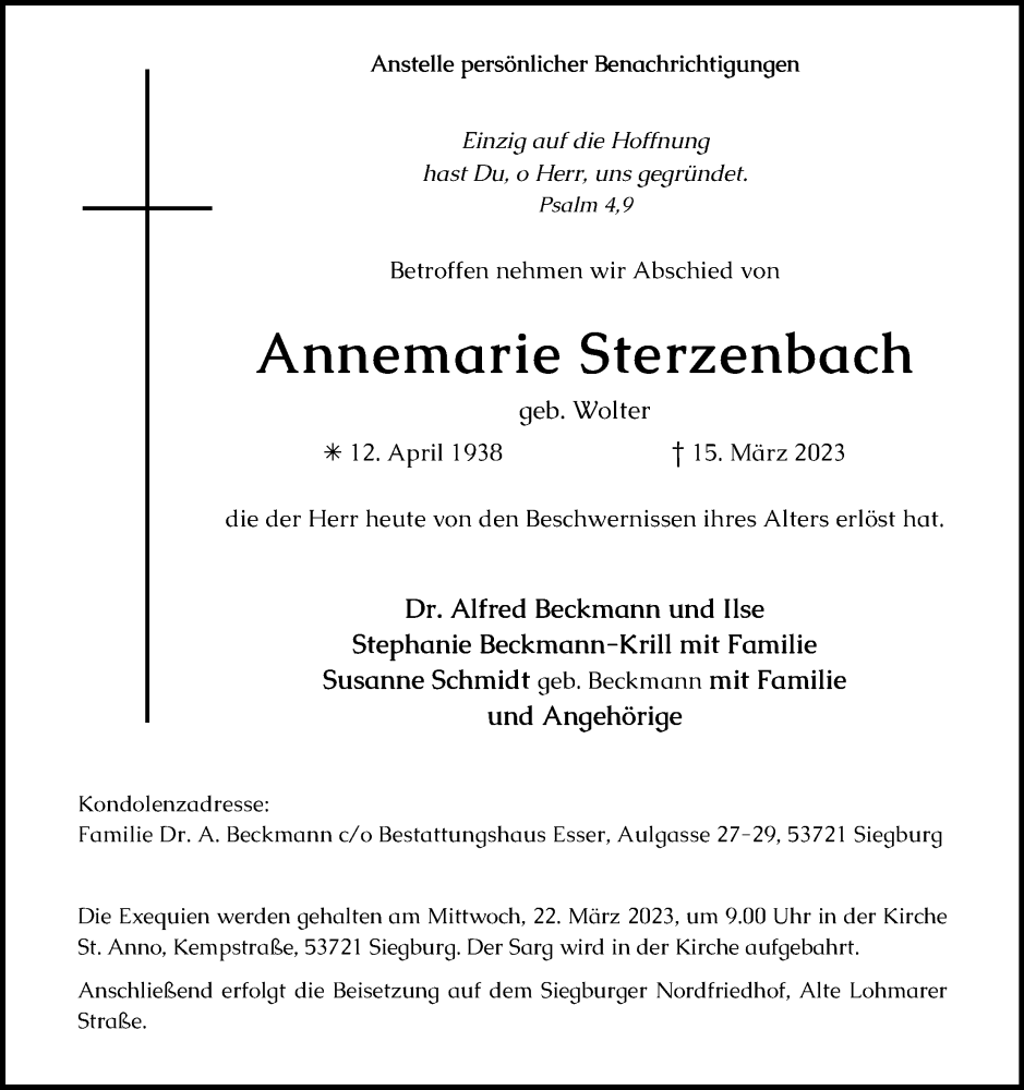  Traueranzeige für Annemarie Sterzenbach vom 18.03.2023 aus Kölner Stadt-Anzeiger / Kölnische Rundschau / Express