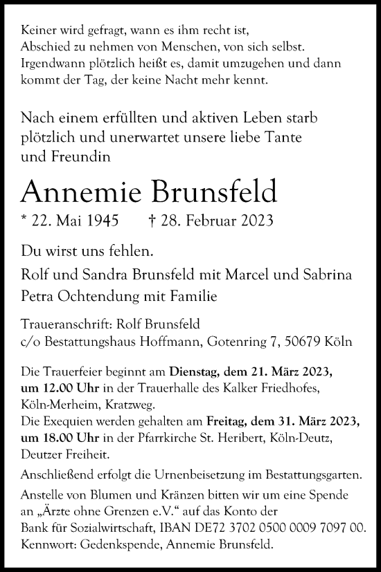 Anzeige von Annemie Brunsfeld von Kölner Stadt-Anzeiger / Kölnische Rundschau / Express