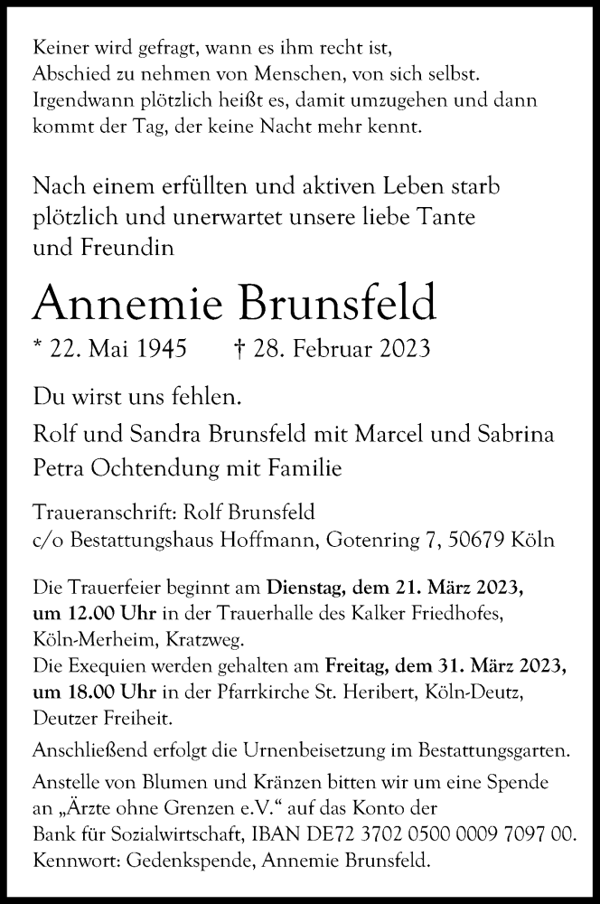  Traueranzeige für Annemie Brunsfeld vom 11.03.2023 aus Kölner Stadt-Anzeiger / Kölnische Rundschau / Express