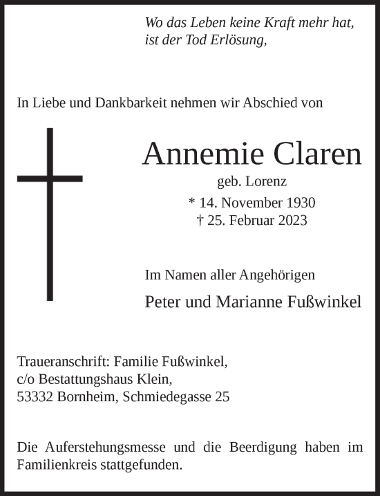 Anzeige von Annenne Claren von  Schaufenster/Blickpunkt 