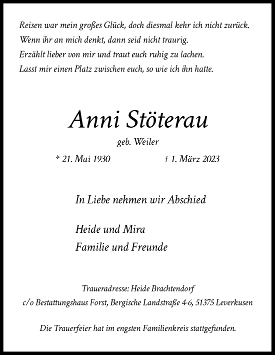 Anzeige von Anni Stöterau von Kölner Stadt-Anzeiger / Kölnische Rundschau / Express