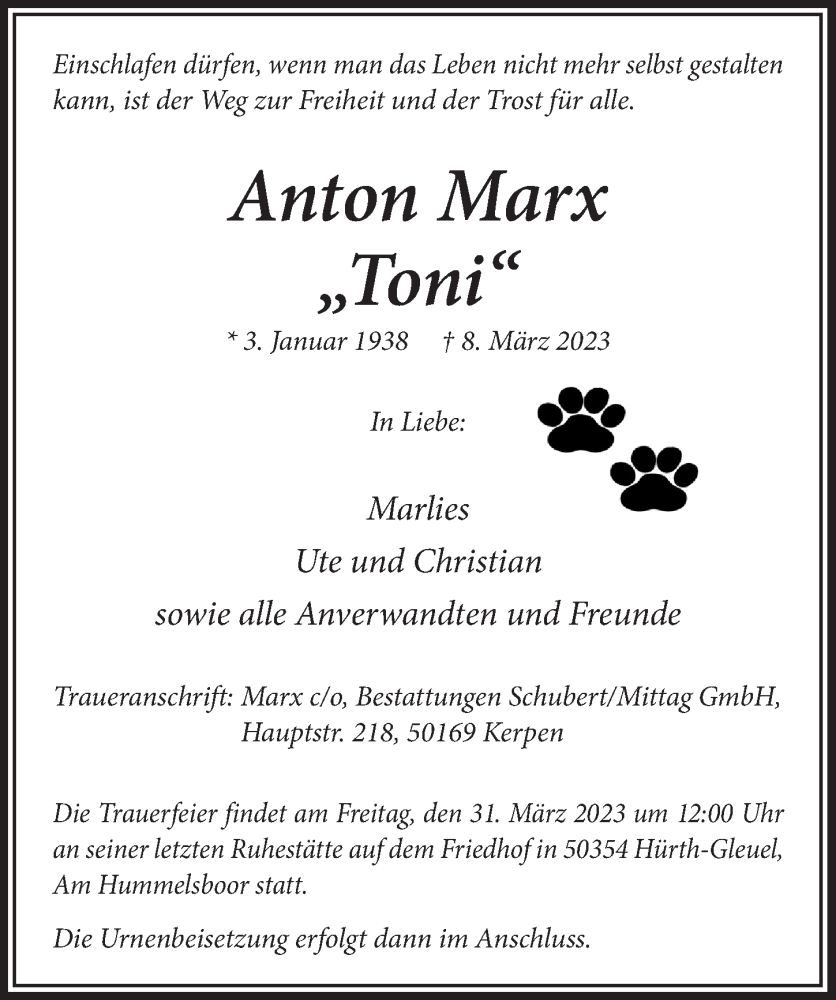  Traueranzeige für Anton Marx vom 24.03.2023 aus  Wochenende 