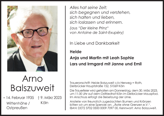 Anzeige von Arno Balszuweit von Kölner Stadt-Anzeiger / Kölnische Rundschau / Express