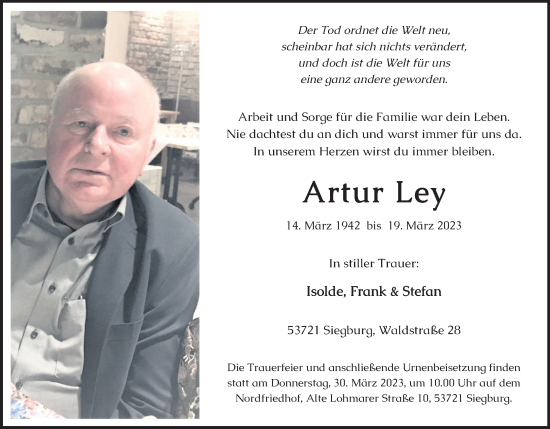 Anzeige von Artur Ley von Kölner Stadt-Anzeiger / Kölnische Rundschau / Express