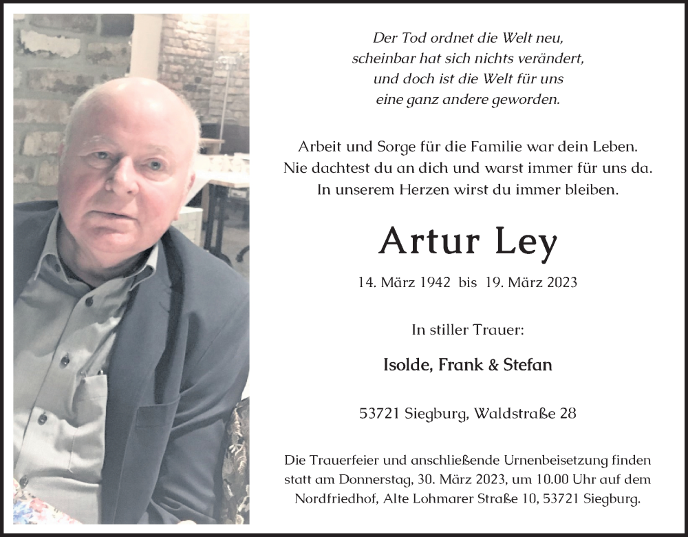  Traueranzeige für Artur Ley vom 25.03.2023 aus Kölner Stadt-Anzeiger / Kölnische Rundschau / Express